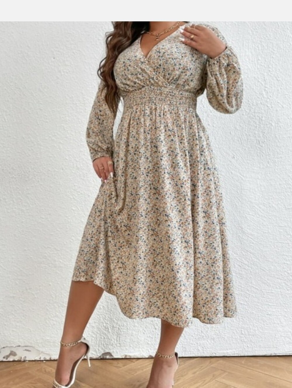 Floral Smocked Waist Midi Summer Dress - Cream
